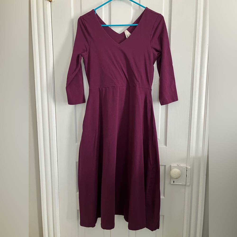 Pact Organic Cotton Fit & Flare Midi Dress Purple Plum Medium 3/4 Sleeve